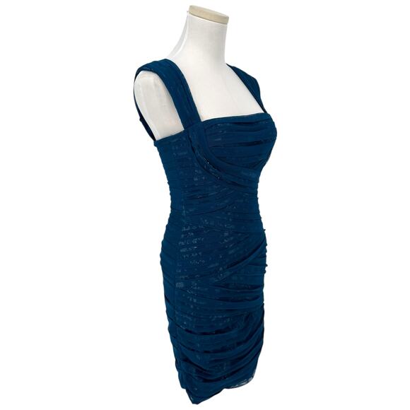 BCBGMaxazria Teal Blue Metallic Micro Mesh Bandage Mini Dress XS Party Cocktail - Picture 3 of 6